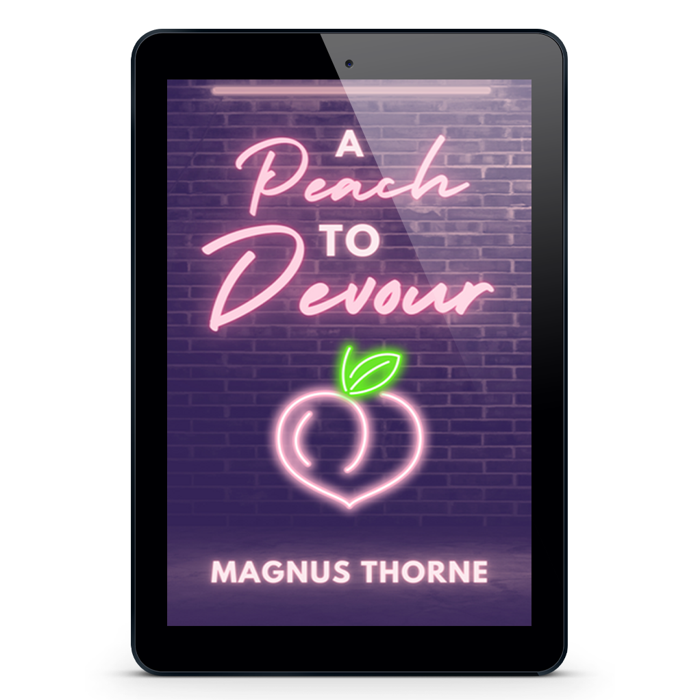 An eReader tablet featuring the book cover of A Peach to Devour by Magnus Thorne