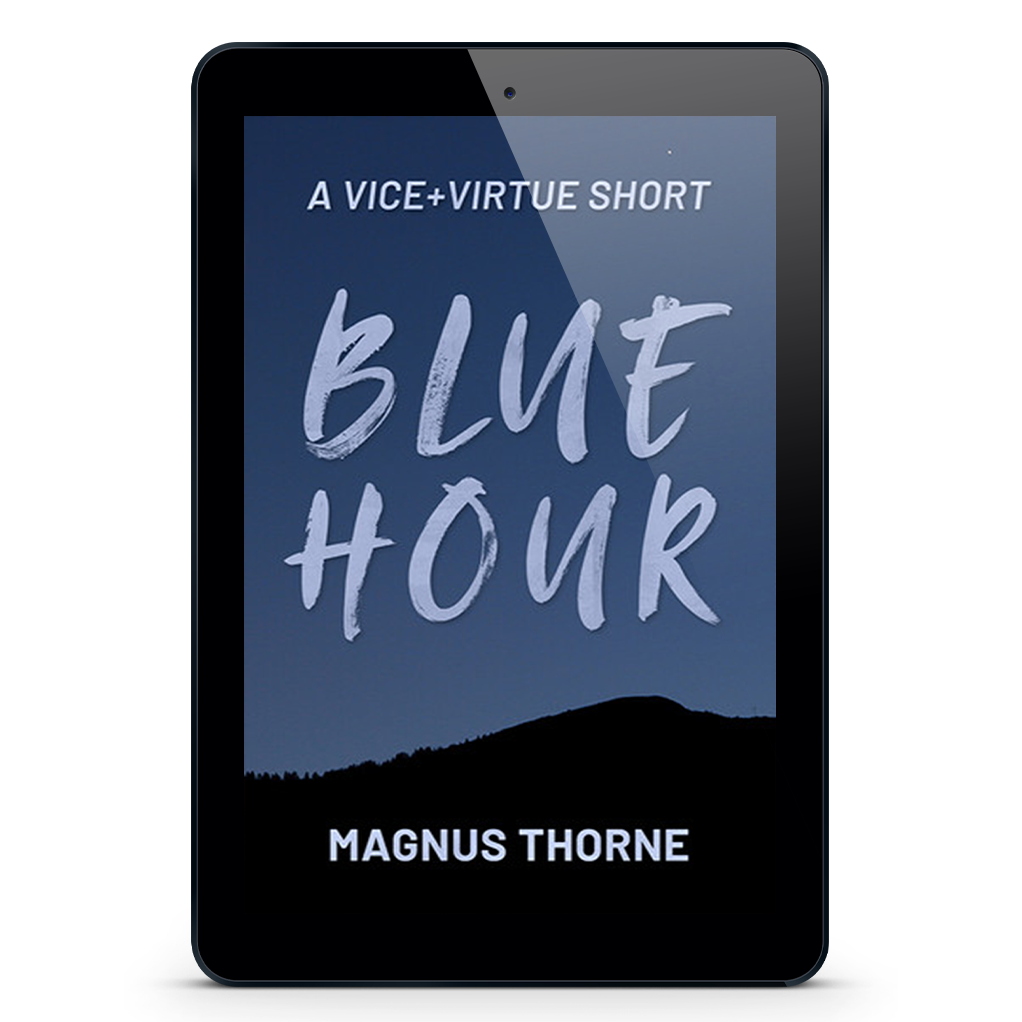 An eReader tablet featuring the book cover of Blue Hour by Magnus Thorne
