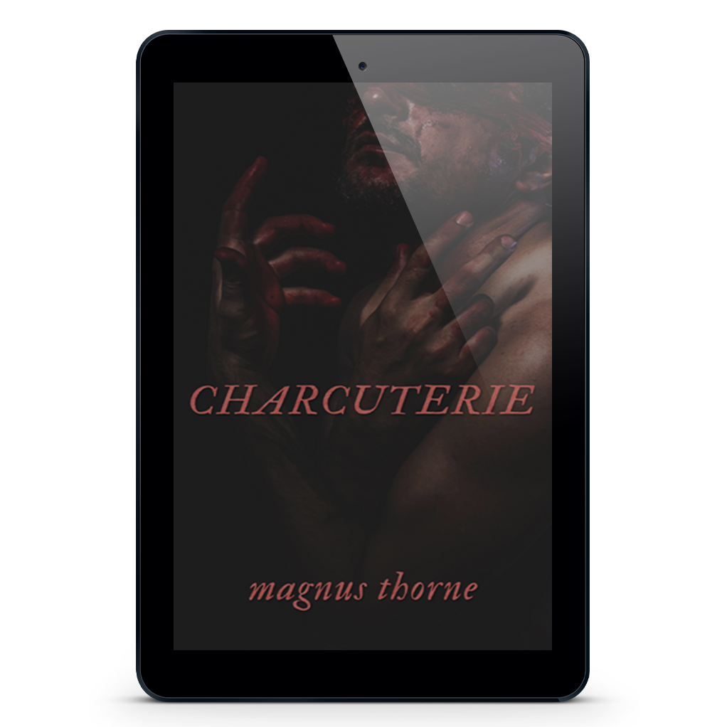An eReader tablet featuring the book cover of Charcuterie by Magnus Thorne