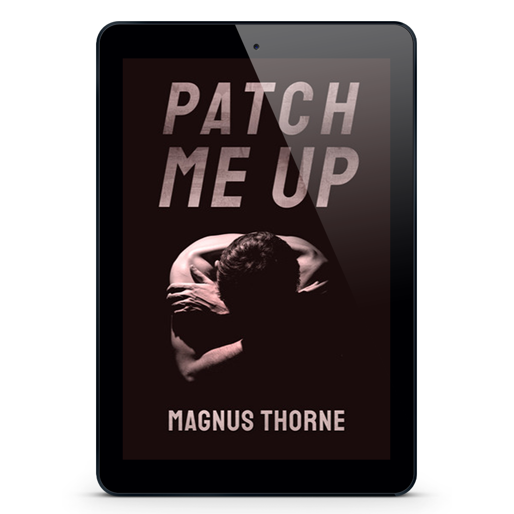 An eReader tablet featuring the book cover of Patch Me Up by Magnus Thorne