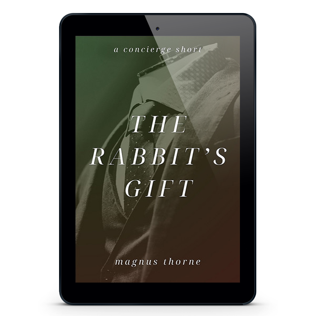 An eReader tablet featuring the book cover of The Rabbit's Gift by Magnus Thorne