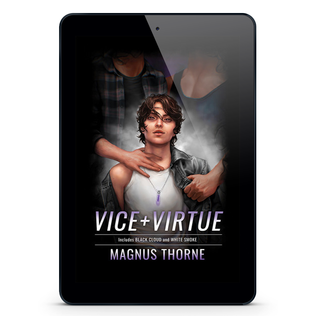 An eReader tablet featuring the book cover of Vice & Virtue by Magnus Thorne